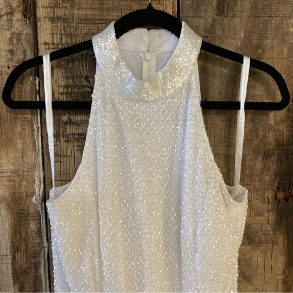 NWT Mac Duggal White Hand Embellished Halter Neck Midi Sheath Dress beaded Sz 8 - Picture 5 of 12